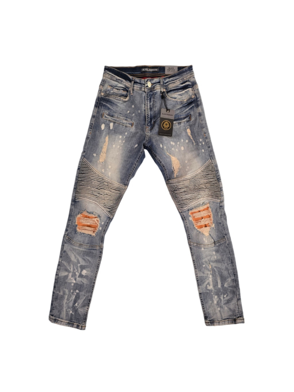 Men's Black Pharaoh Distressed Jeans, Blue/Orange, Waist 30